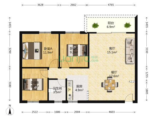 亨达花园 3室2厅1卫 105平方