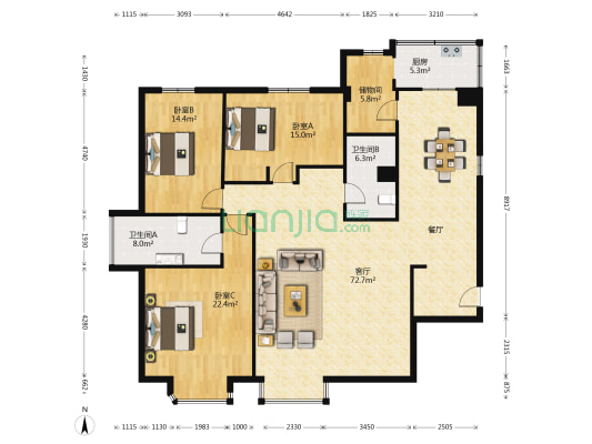 美龙家园 3室1厅2卫 193平方