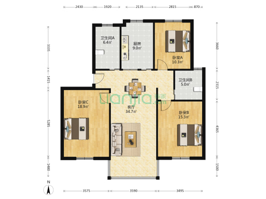 振丰新村 3室1厅2卫 118平方