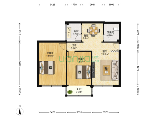 顺德小区 2室2厅1卫 89平方