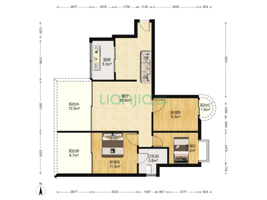 中天彩虹城南区 3室1厅1卫 133平方