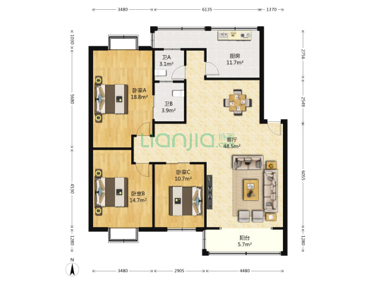 金福花园 3室1厅2卫 131平方