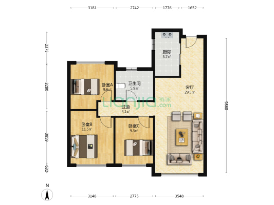中海时代名邸 3室1厅1卫 108平方