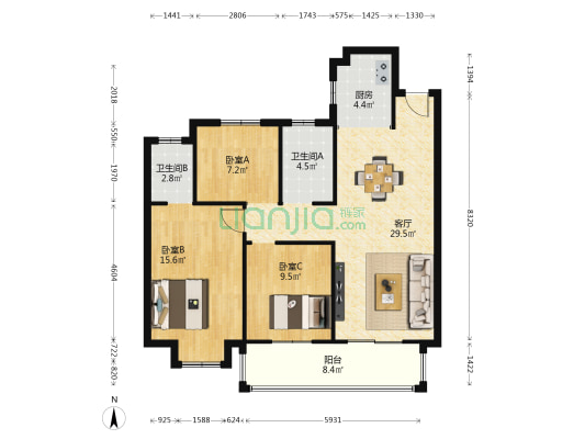 国投襄阳府B区 3室1厅2卫 110平方