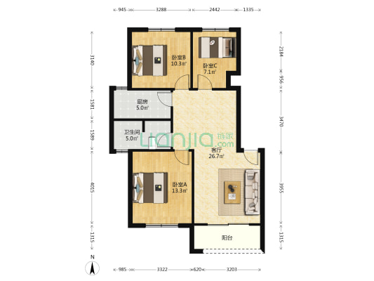 兰景苑二期 3室1厅1卫 90平方