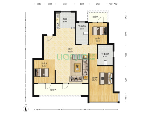 建源壹号院 3室1厅2卫 124平方