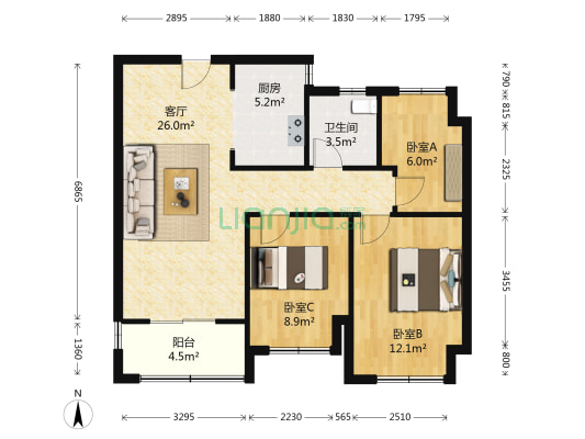 绿都澜湾榕园 3室1厅1卫 89平方