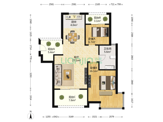 伴山蝶墅 2室1厅1卫 88平方
