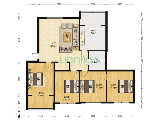 饮料厂宿舍 4室1厅1卫 137平方