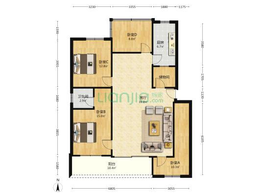 法院宿舍 4室1厅1卫 119平方