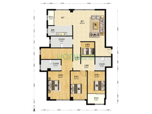 江河汇.北苑 4室1厅3卫 216平方