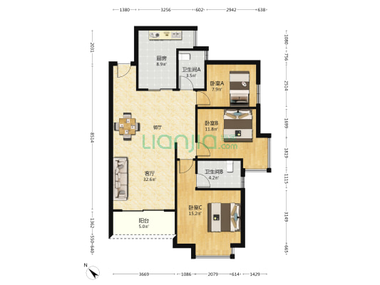 君子广场 3室1厅2卫 109平方