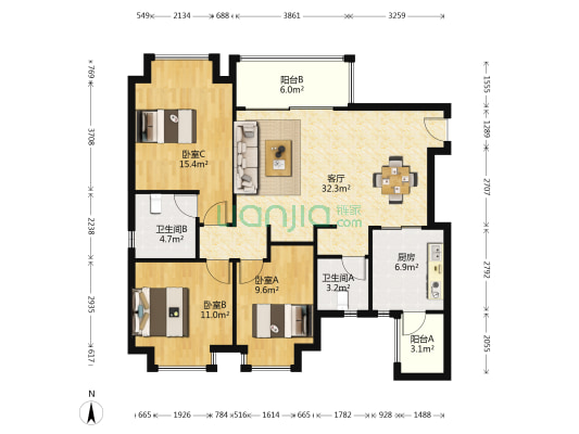 恒大御景一期 3室1厅2卫 113平方