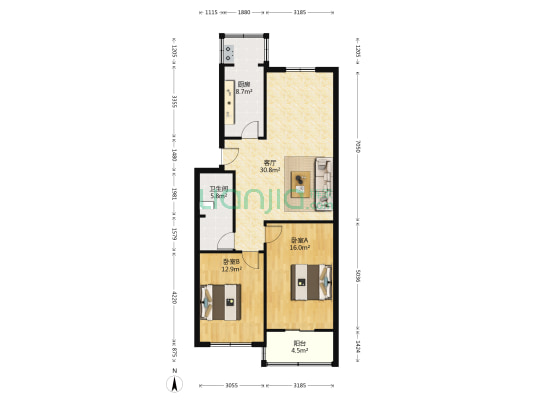 昆仑公寓 2室1厅1卫 95平方