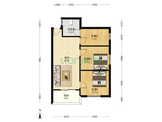 光明路城中园 3室1厅1卫 75平方