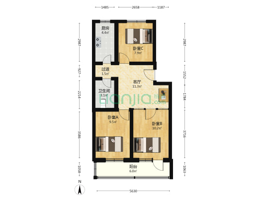 杜家坎4号院 3室1厅1卫 70平方