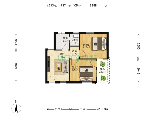和乐苑小区 2室1厅1卫 55平方