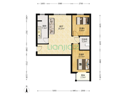北京理想城 2室2厅 南 北-户型图
