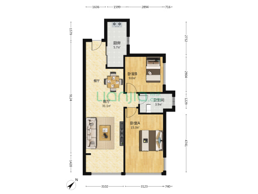 龙湖恒邦花千樾 2室1厅1卫 88平方