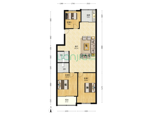 纺织小区 3室1厅2卫 120平方