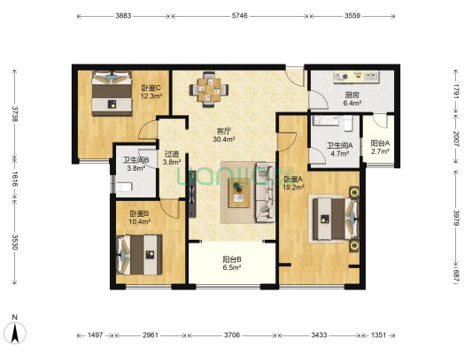 瀚宇天悦湾2号院 3室1厅2卫 117平方