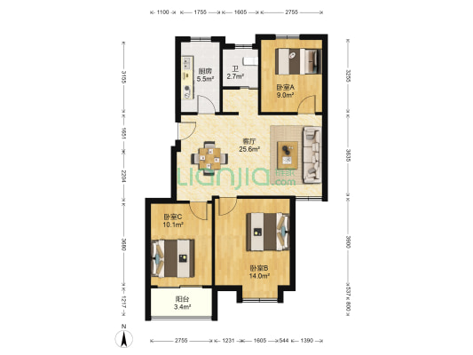 兴乐佳苑北区 3室1厅1卫 91平方