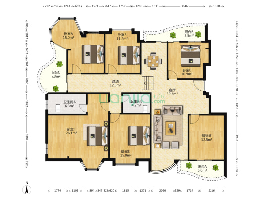 万通玫瑰花园 5室1厅2卫 207平方