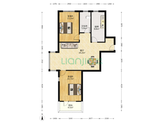 万科新里程 2室1厅1卫 104平方