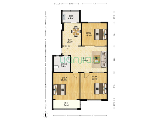 京蓬商贸城 3室2厅1卫 116平方