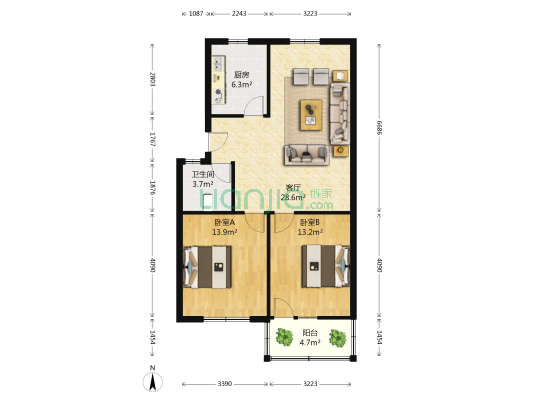 县建公司宿舍楼 2室1厅1卫 82平方