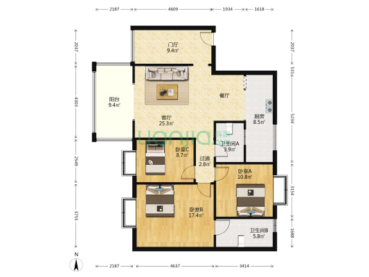 世纪春天二期 3室1厅2卫 115平方