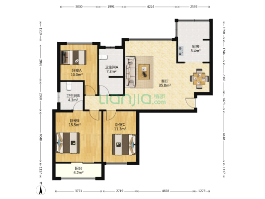 湘腾城市广场 3室1厅2卫 118平方