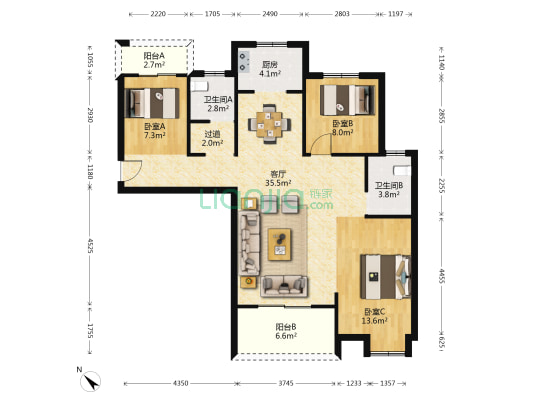 富强天惠园 3室1厅2卫 113平方