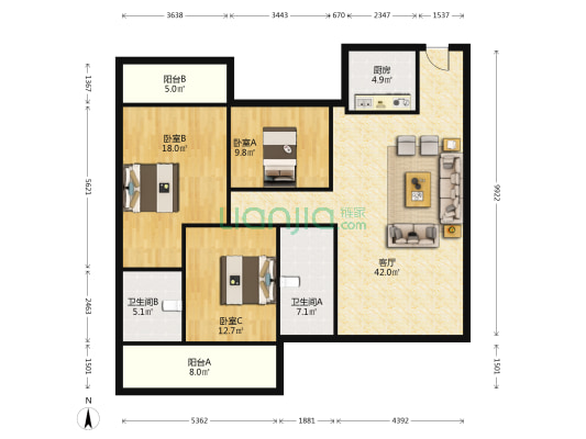 永祥新城 3室1厅2卫 134平方