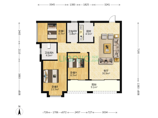 大江新都大厦 3室1厅2卫 109平方