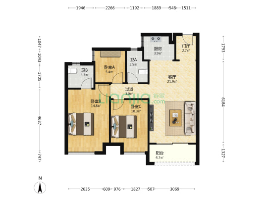 鑫创名湖世家 3室1厅2卫 92平方