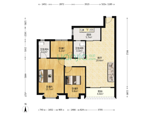 恒骏豪庭 3室1厅2卫 88平方