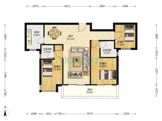 中建嘉和城 3室1厅2卫 113平方