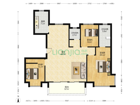 空港城小区 3室1厅2卫 133平方