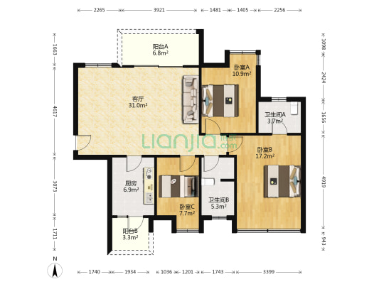 中交悦湖 3室1厅2卫 115平方