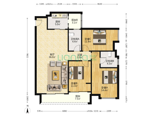 兰亭御园 3室1厅2卫 126平方
