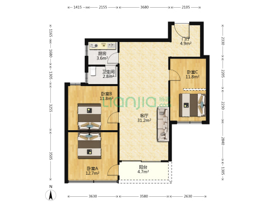 清城A1小区 3室1厅1卫 96平方