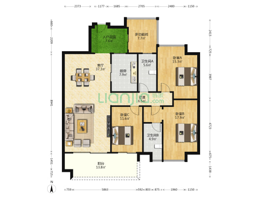江山国际 4室1厅2卫 164平方
