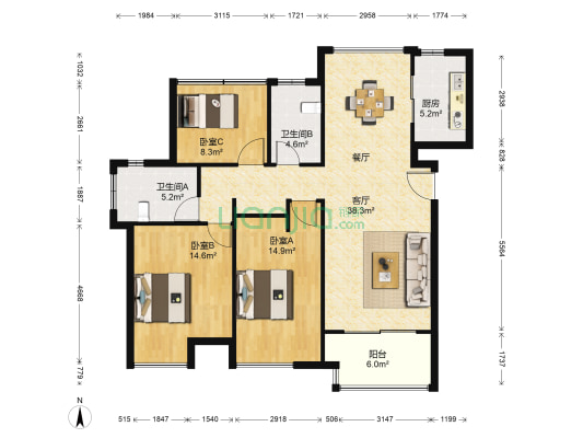星光耀花园一期 3室1厅2卫 121平方
