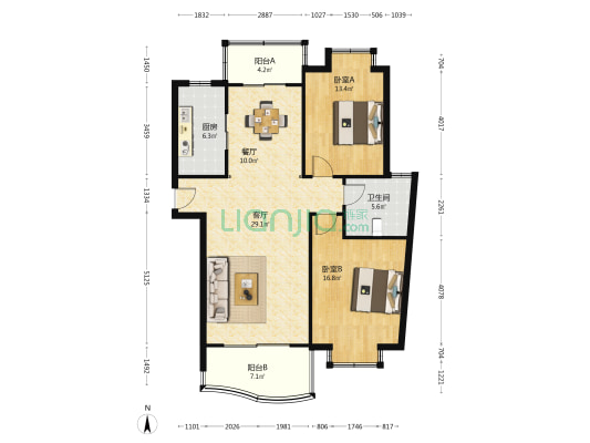 中梅苑一期 2室2厅1卫 104平方