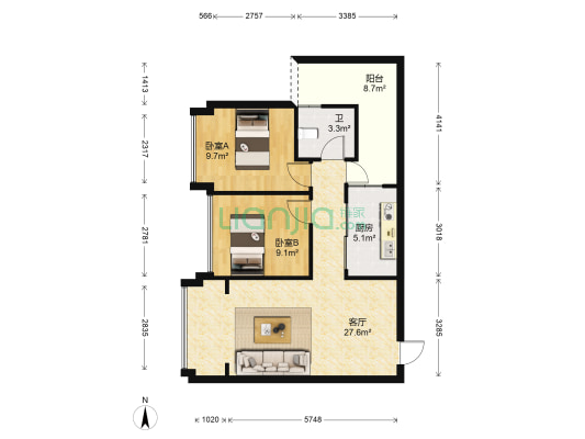 云城尚品A3区 2室1厅1卫 68平方