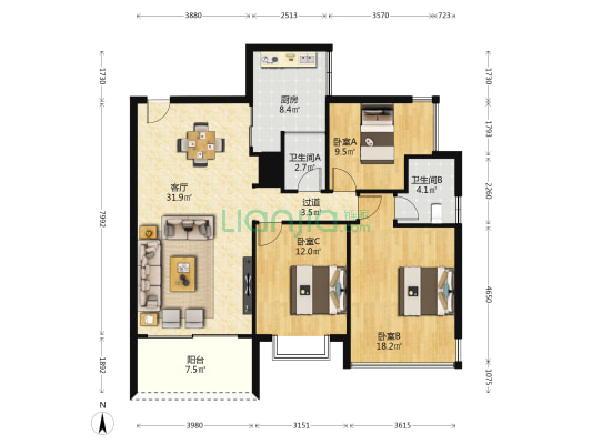 悦馨花园 3室1厅2卫 118平方