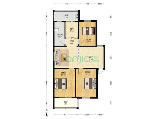 竹山路360号 3室2厅1卫 109平方