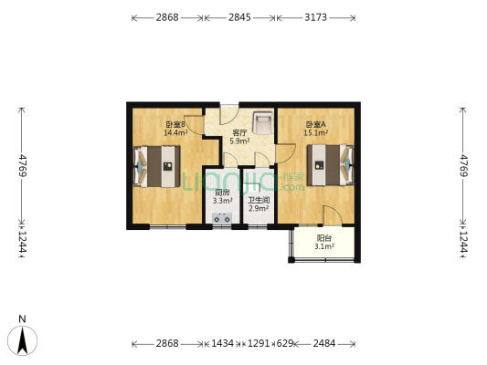 桥东粮食局小区 2室1厅1卫 48平方