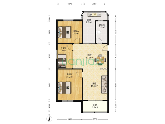 丹凤公寓 3室2厅1卫 105平方